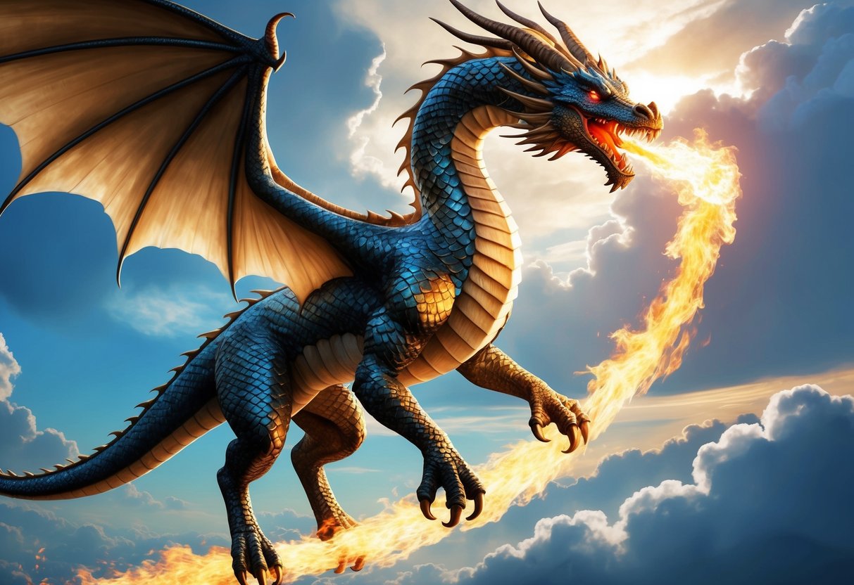 A majestic dragon with scales shimmering in the sunlight, breathing fire and soaring through the sky with powerful wings