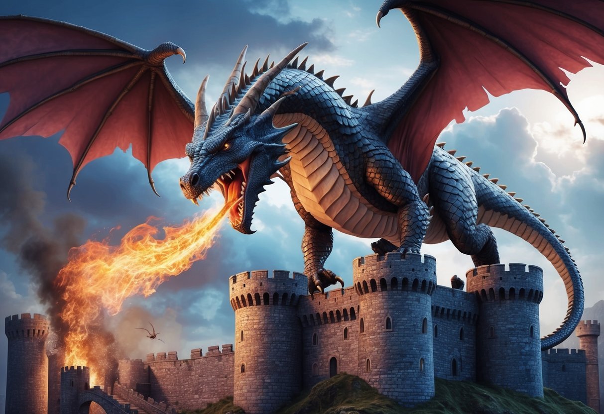 A fierce dragon with scales and wings looms over a medieval castle, breathing fire and causing chaos