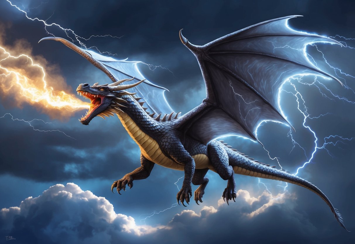 A majestic dragon soars through a stormy sky, its scales glistening with lightning as it breathes fire into the clouds