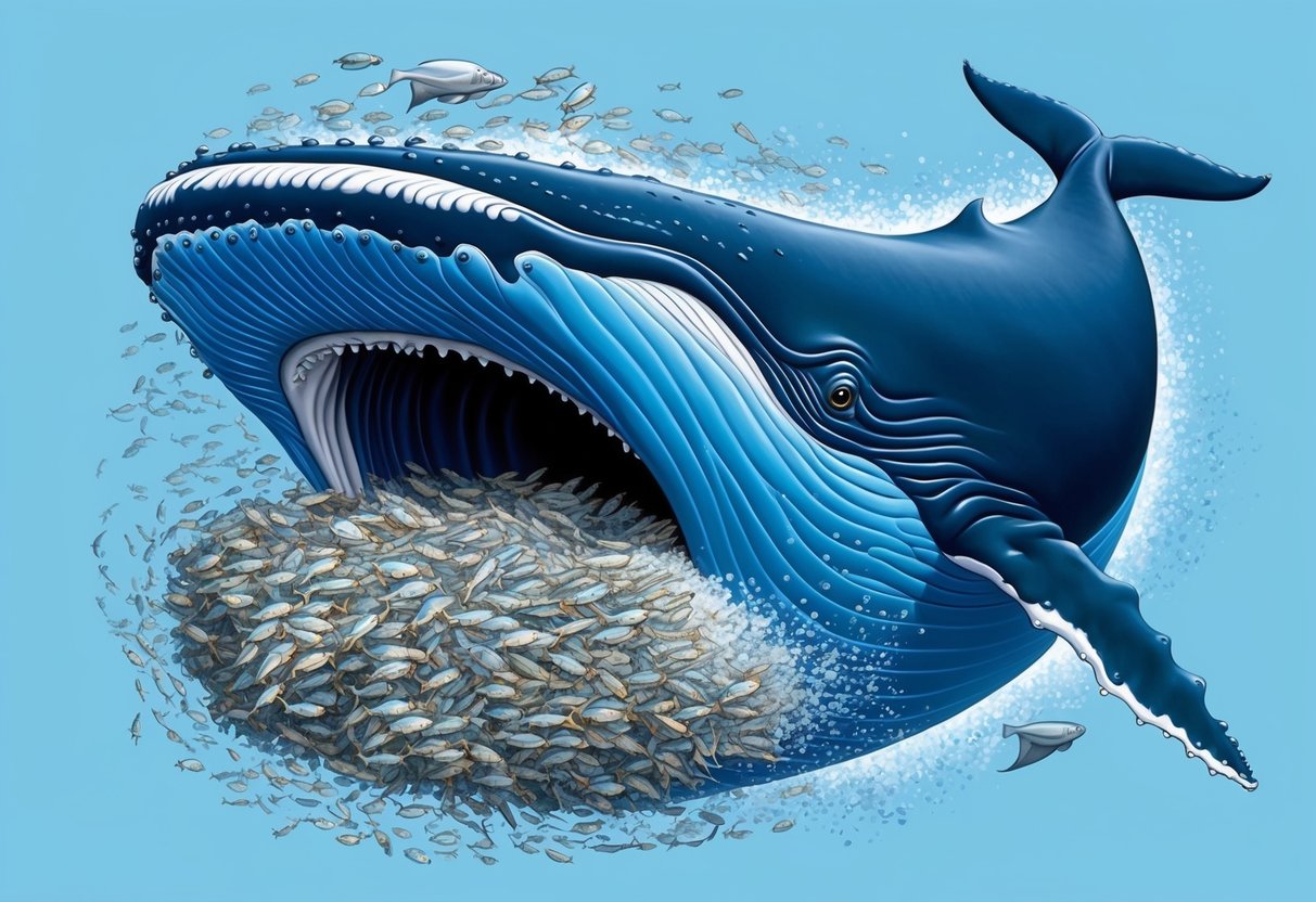 A blue whale engulfing a school of krill with its massive mouth, surrounded by a cloud of tiny sea creatures