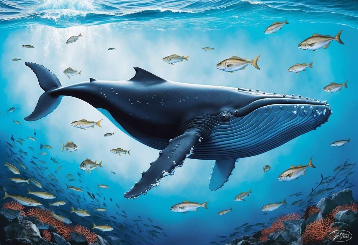 A blue whale swimming through the ocean, surrounded by smaller fish and krill