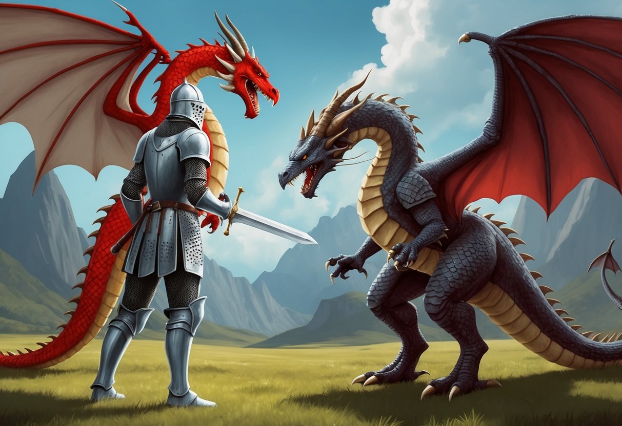 A brave knight stands before a fierce dragon, both locked in a tense standoff, ready for battle