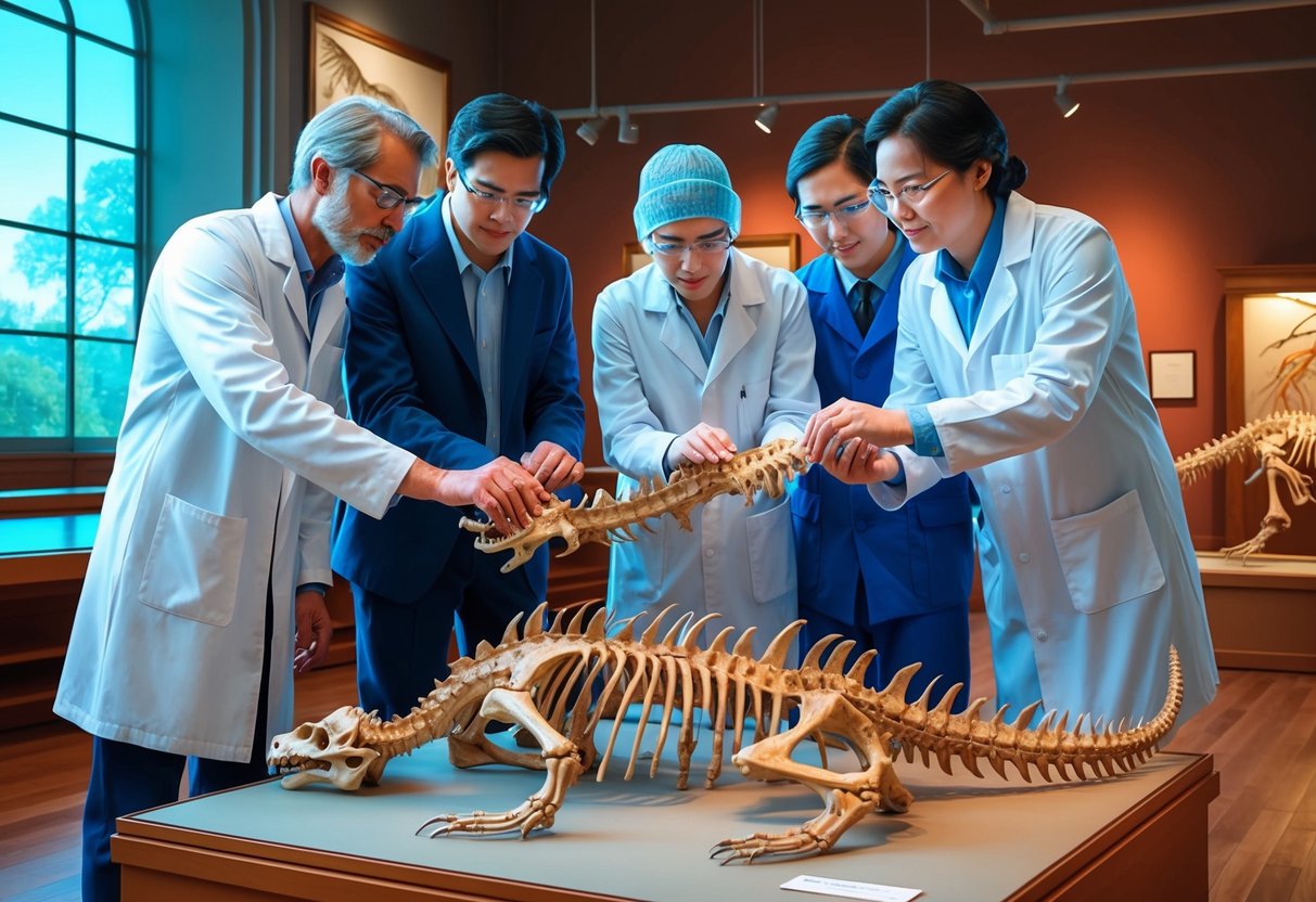 A group of scientists examining a fossilized dragon skeleton in a museum