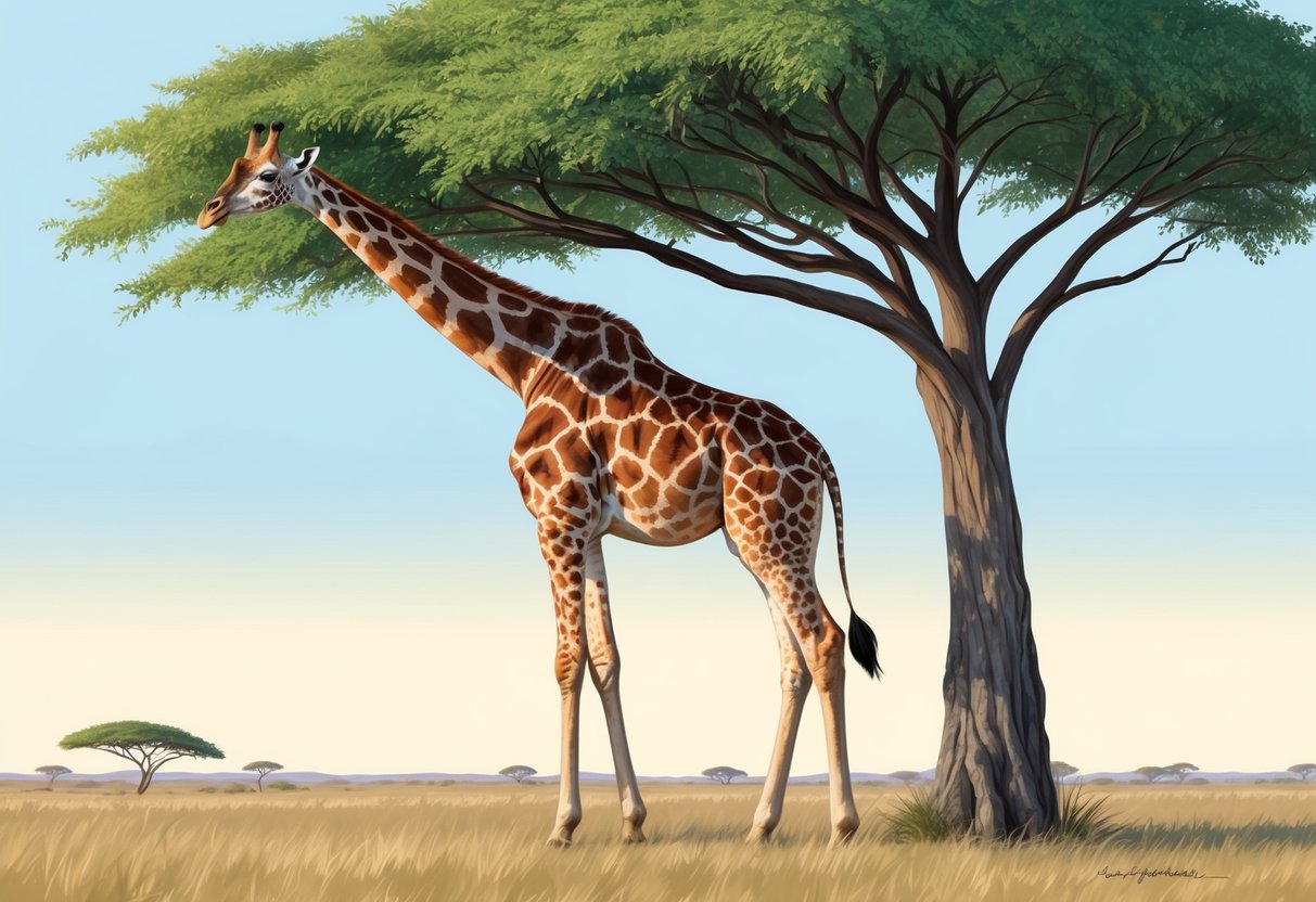 A giraffe stands tall in an open savanna, its long neck reaching for the leaves of a towering acacia tree