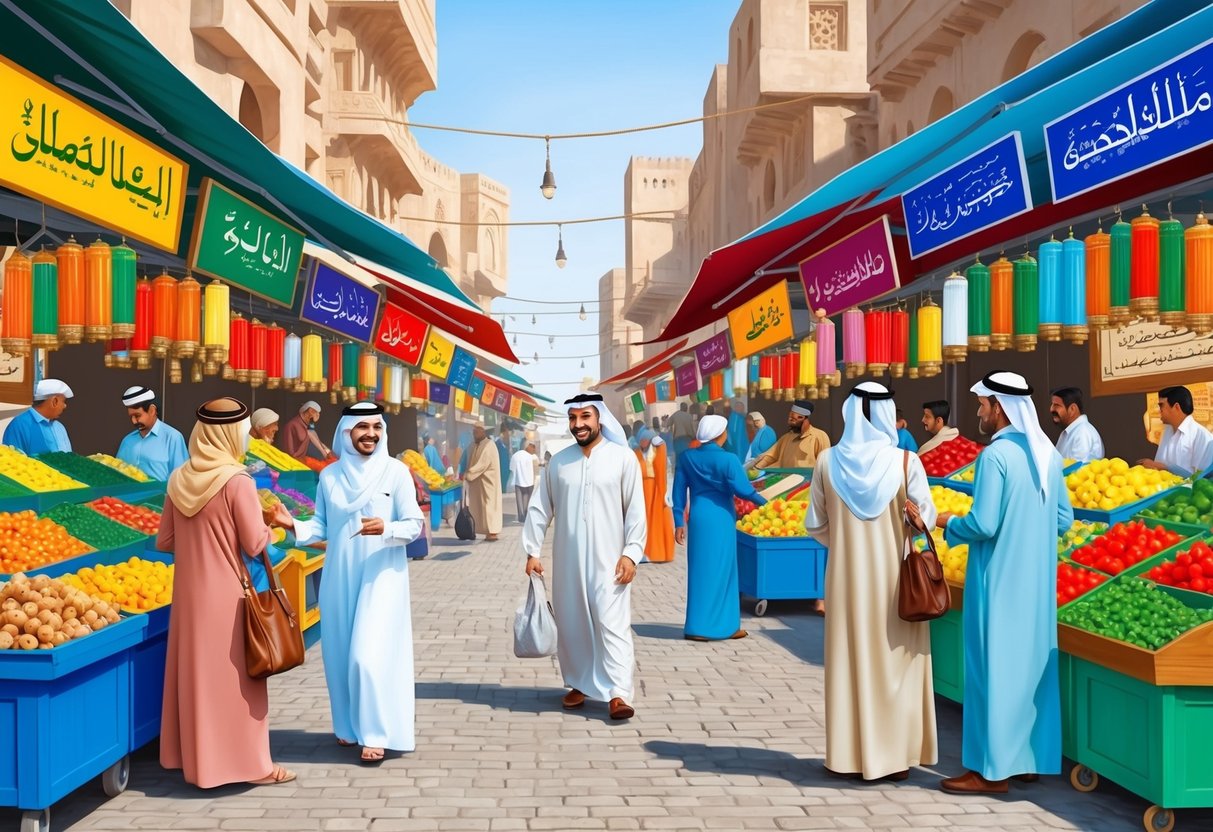 A bustling market with colorful stalls, people greeting each other with traditional Arabic phrases, and signs displaying cultural etiquette