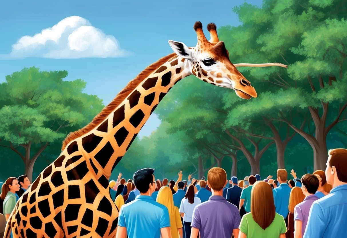 A giraffe stretches its long neck to reach out and connect with a crowd of people, its spots blending with the surrounding trees