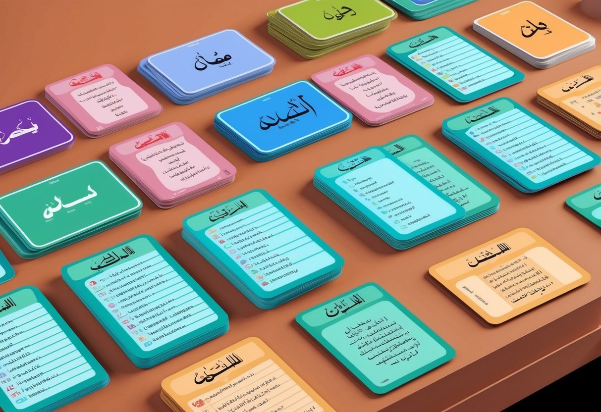 A colorful array of Arabic vocabulary flashcards displayed on a desk