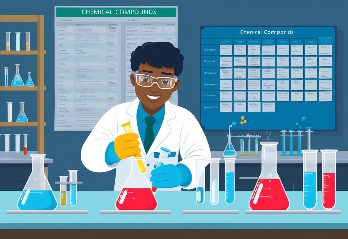 A scientist in a lab mixing chemicals in beakers and test tubes, with a large chart of chemical compounds on the wall