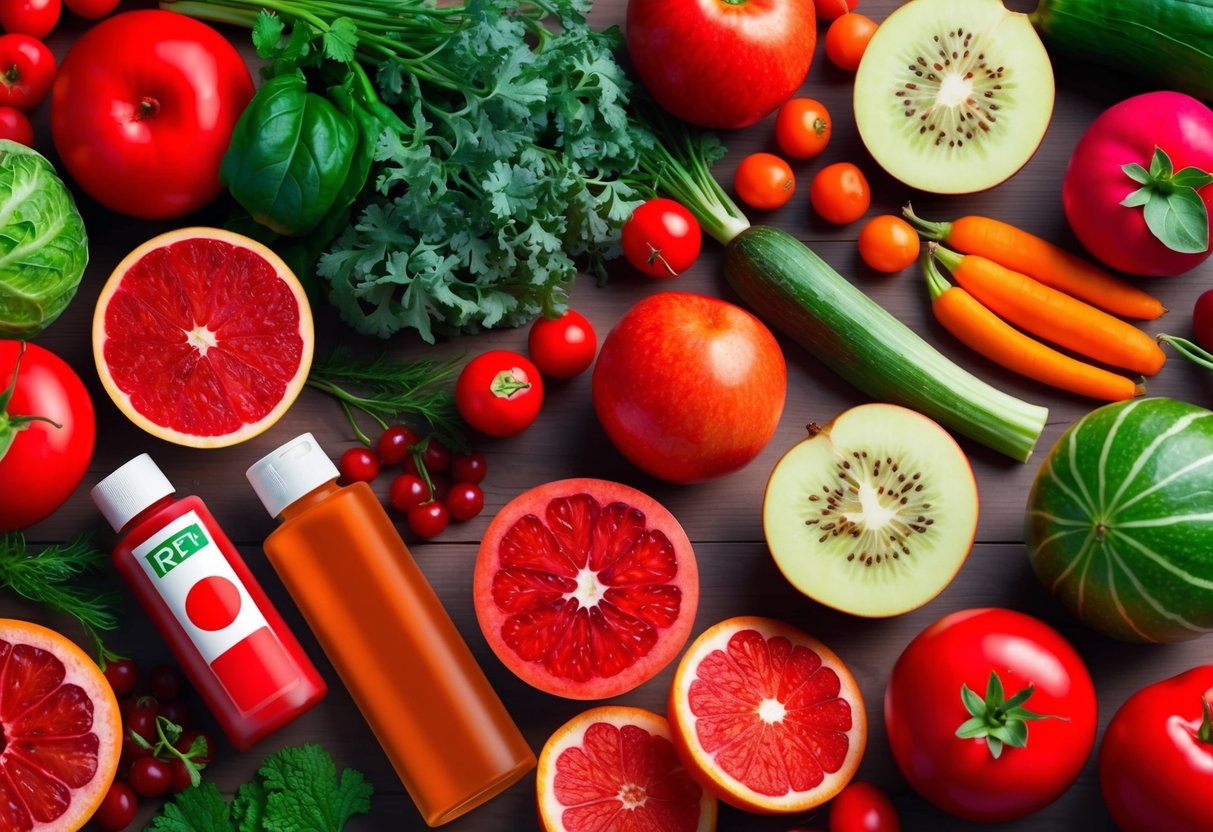 A table covered in various red fruits and vegetables, with a bottle of red food coloring next to them