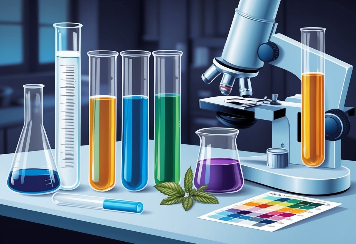 A laboratory table with test tubes and beakers filled with various chemicals and plant extracts, alongside a microscope and color swatches