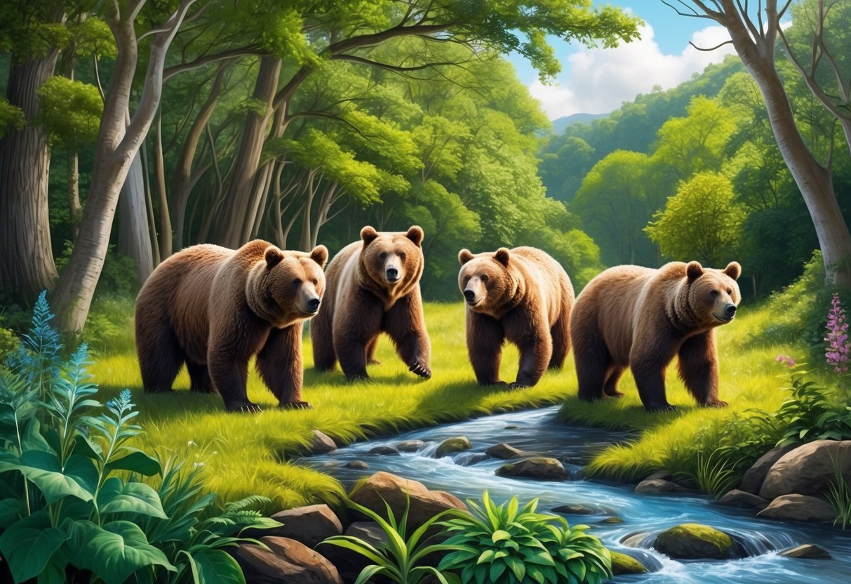 A family of bears roam through a lush, green forest in England, with a flowing river and diverse plant life surrounding them