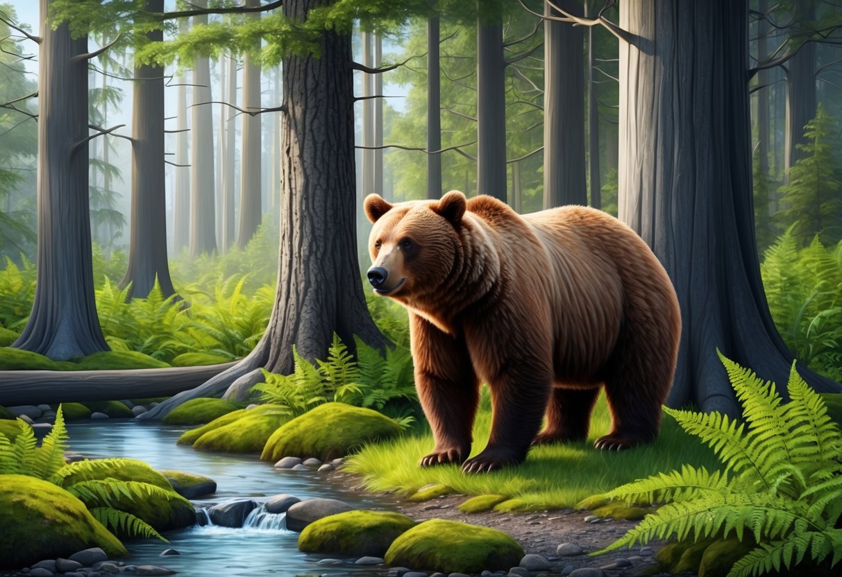 A brown bear stands in a lush English forest, surrounded by tall trees and ferns, with a gentle stream flowing nearby