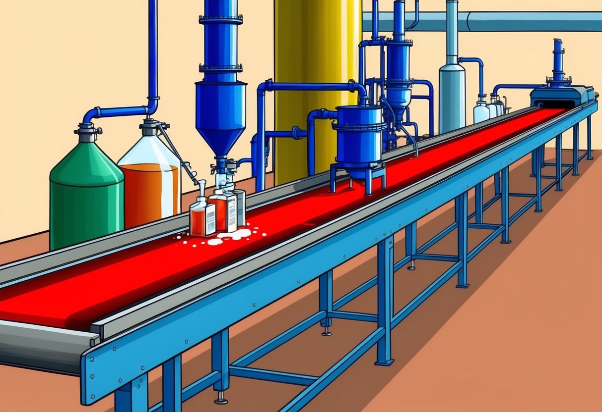 A factory conveyor belt producing red 40 dye from a mixture of chemicals and additives