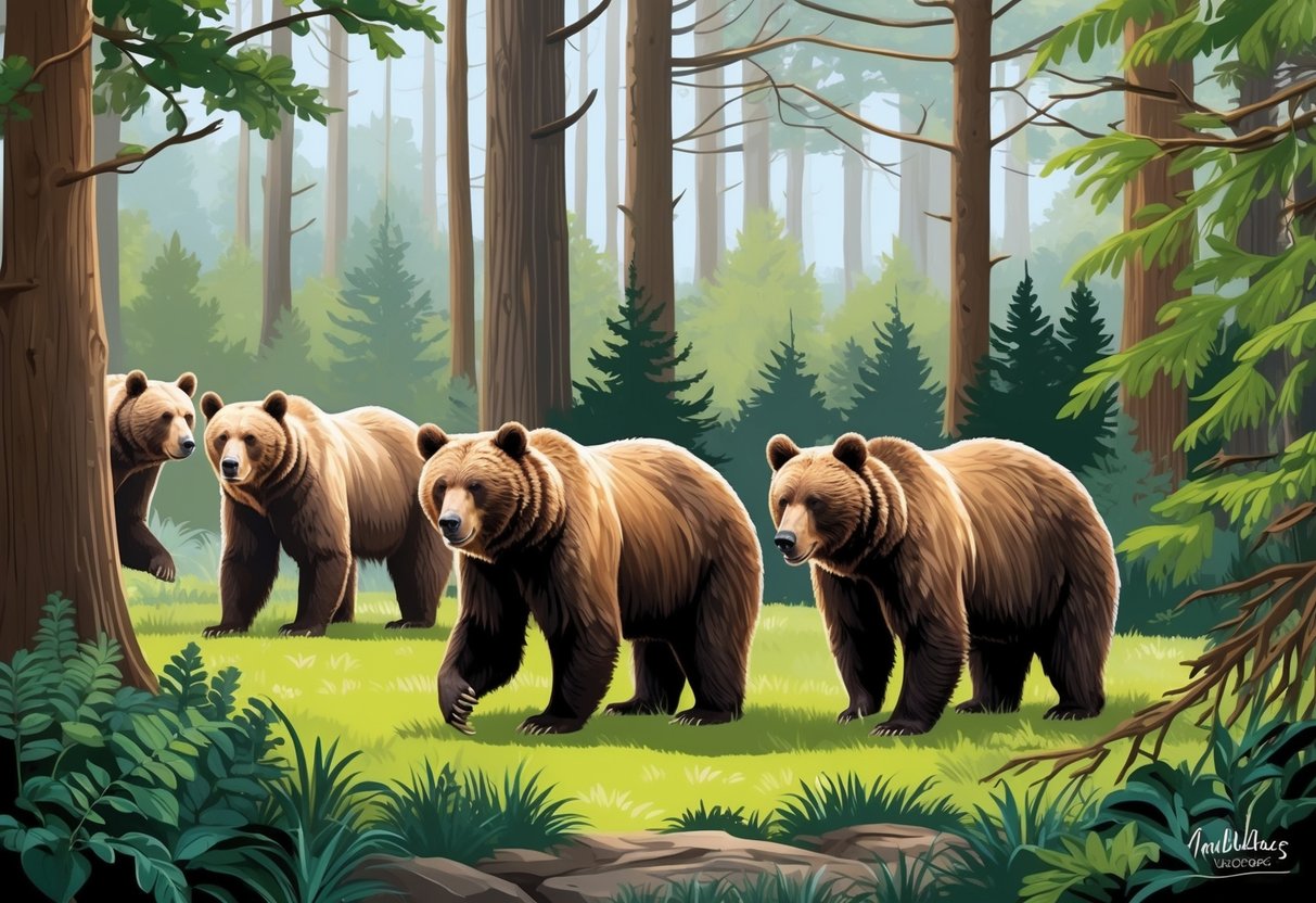 Bears roam through lush forests in England, where conservation and rewilding efforts have allowed them to thrive in their natural habitat