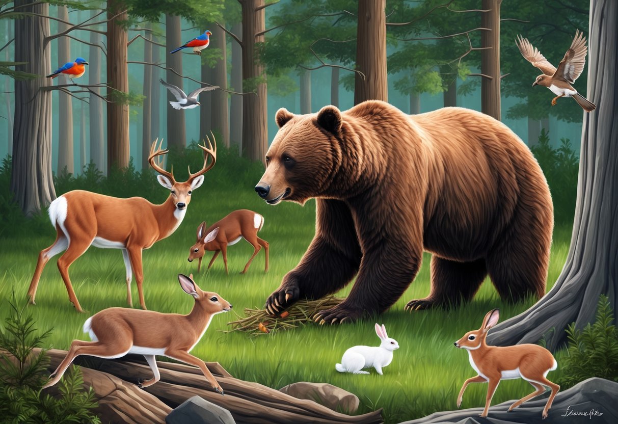 A bear foraging for food in a forest, encountering other wildlife such as deer, rabbits, and birds