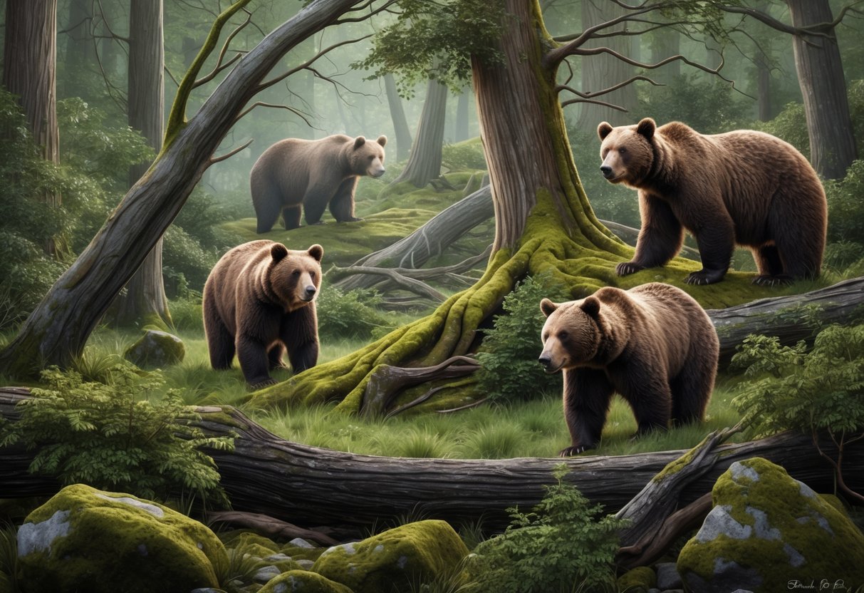 Ancient British woodland with bears, dense foliage, fallen trees, and moss-covered rocks