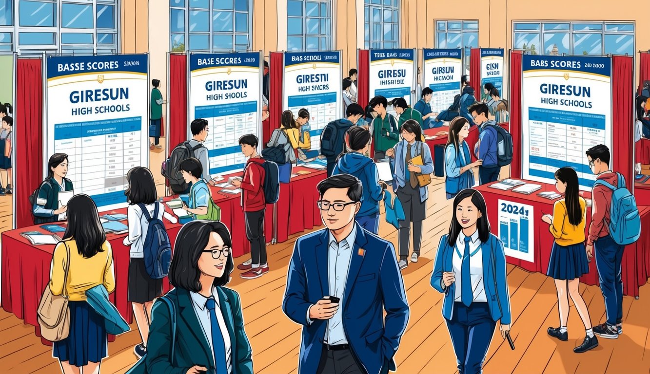 Giresun liseleri hakkında 2024 ve 2025 için temel puanlarını içeren bilgilerin sergilendiği stantları keşfeden öğrenciler ve velilerle dolup taşan bir okul fuarı