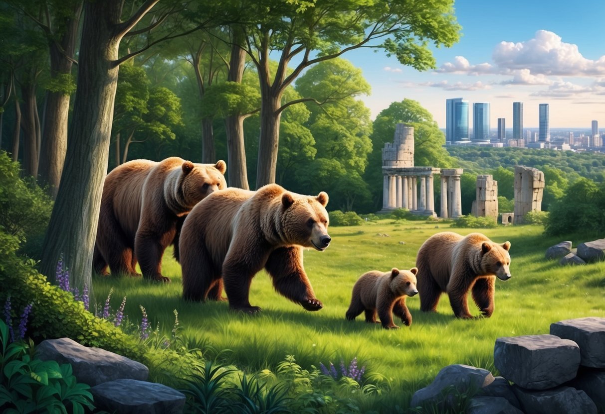 A bear family roams through a lush forest in England, surrounded by ancient ruins and a glimpse of modern cityscape in the distance