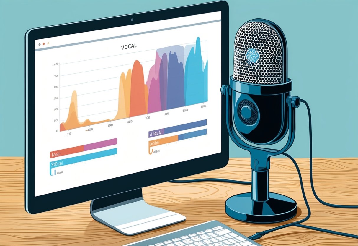 A microphone connected to a computer displaying a visual analysis of vocal pitch and tone