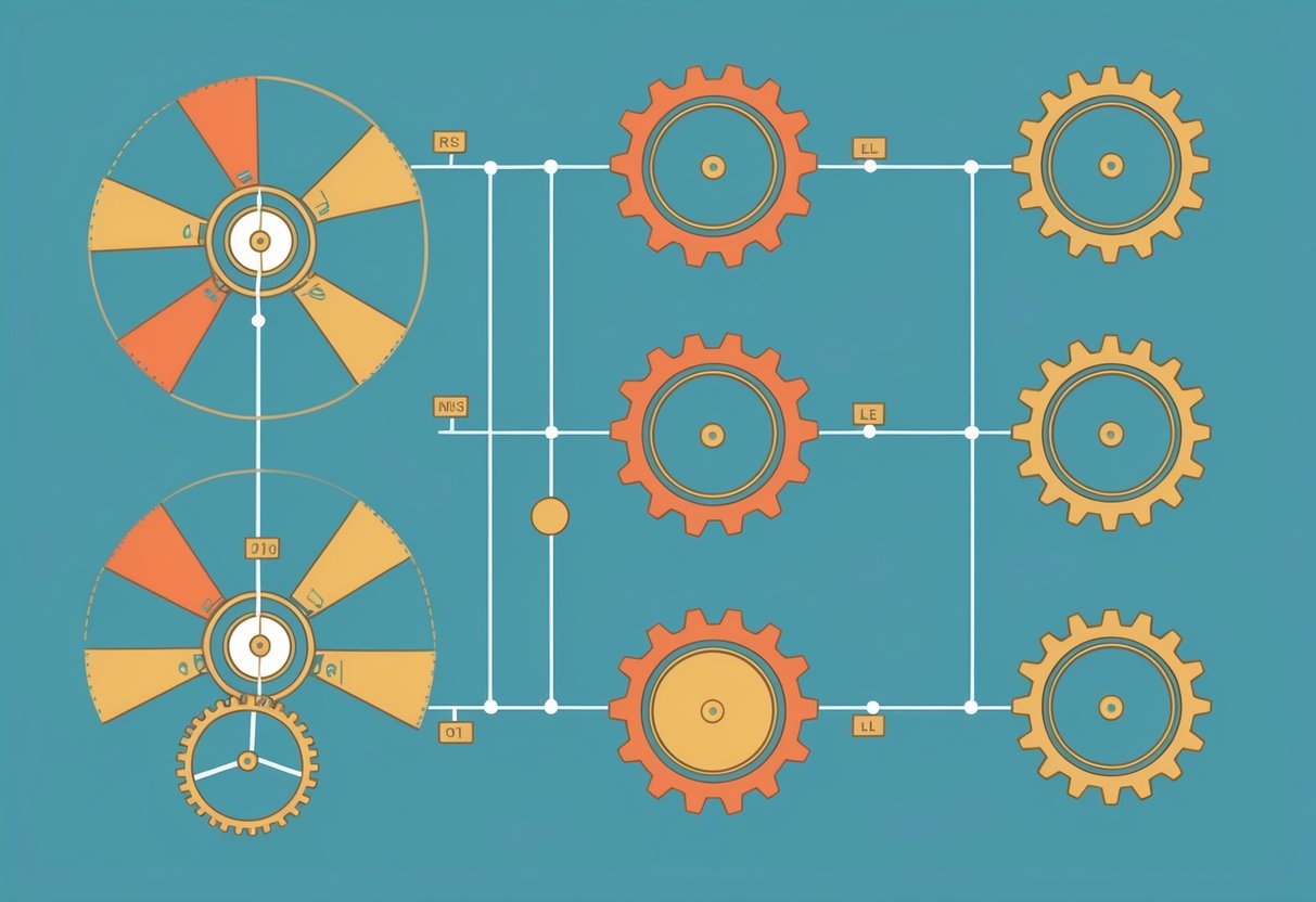 A series of interconnected gears and pulleys representing theoretical frameworks and modeling for assessing singing ability