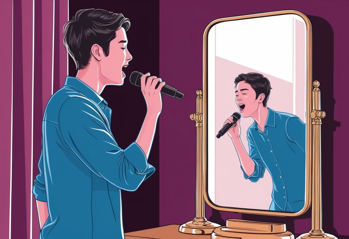 A person standing in front of a mirror, singing and analyzing their own reflection