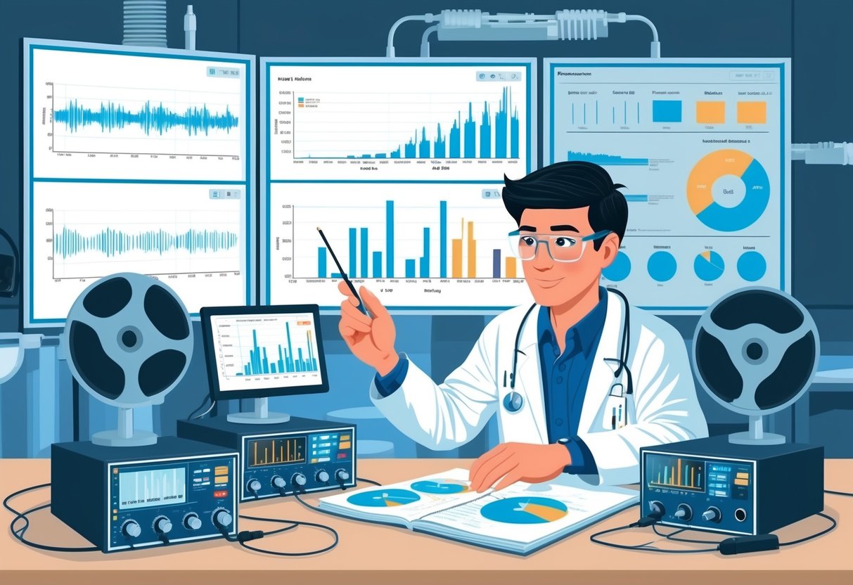 A scientist surrounded by sound wave graphs and recording equipment, analyzing vocal data in a research lab