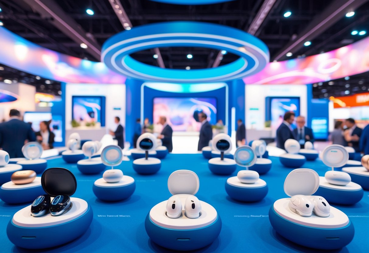 A futuristic display of sleek, wireless earbuds with advanced technology and innovative designs, showcased in a vibrant, bustling expo hall