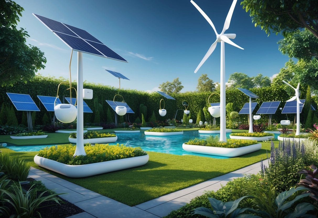 A lush, futuristic garden with floating, sustainable airpod alternatives on display.</p><p>Solar panels and wind turbines power the exhibit