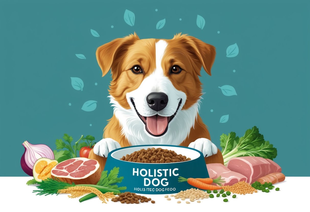 A happy dog eating from a bowl of holistic dog food, surrounded by fresh, natural ingredients like meat, vegetables, and grains