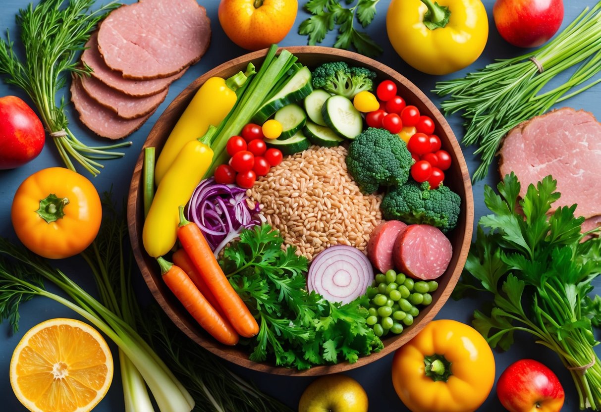 A colorful array of fresh vegetables, whole grains, and lean meats fill a wooden bowl, surrounded by vibrant fruits and herbs