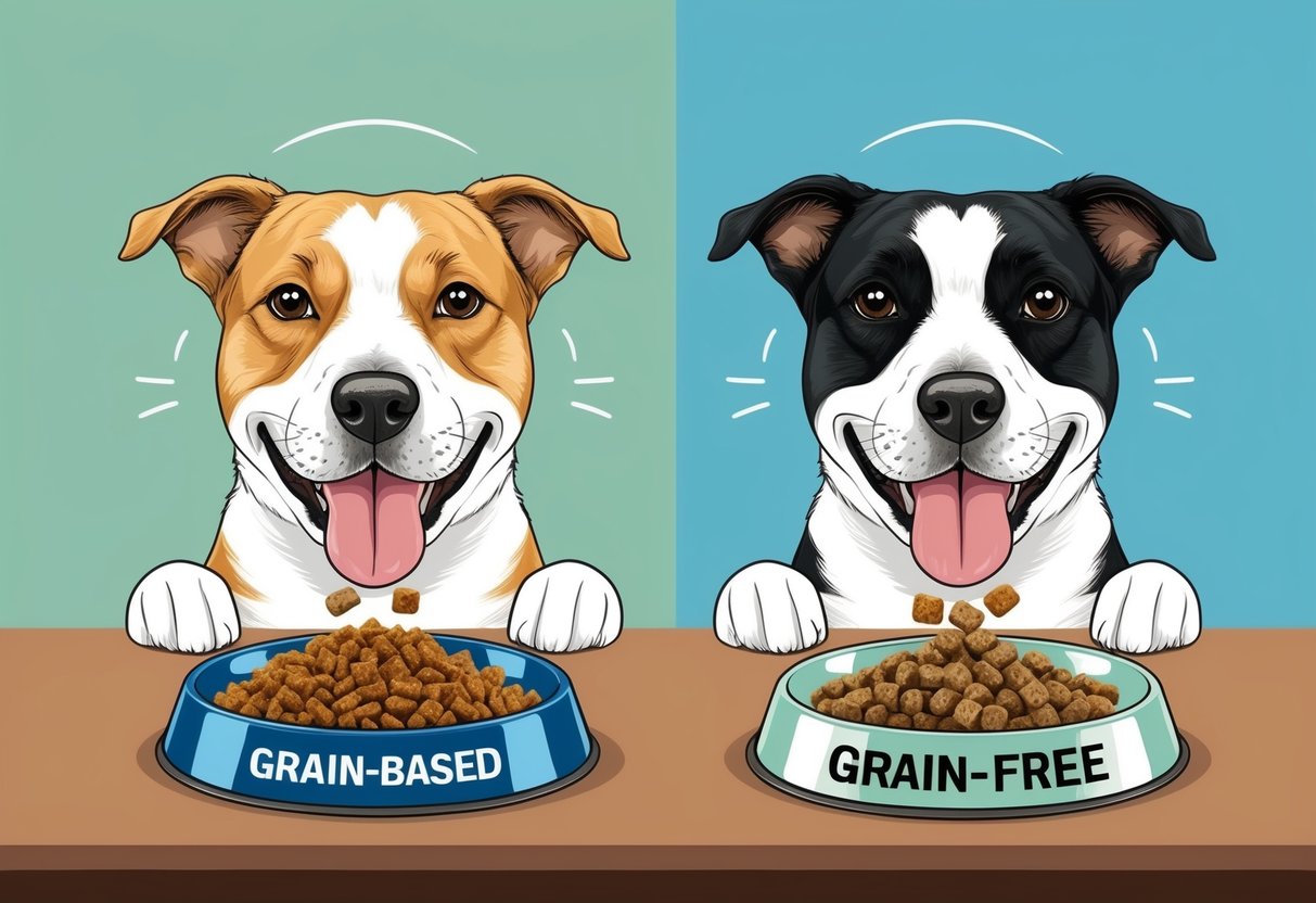 A happy dog eating from two separate food bowls, one filled with grain-based kibble and the other with grain-free kibble, with a thoughtful expression on its face