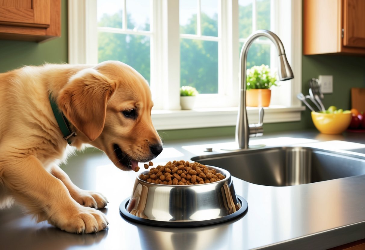 A golden retriever puppy eating breed-specific holistic dog food from a stainless steel bowl in a sunlit kitchen