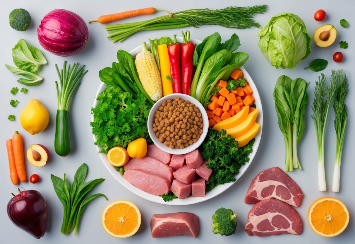 A variety of fresh, colorful vegetables, fruits, and high-quality meats arranged in a balanced and nutritious meal for a dog with special dietary needs