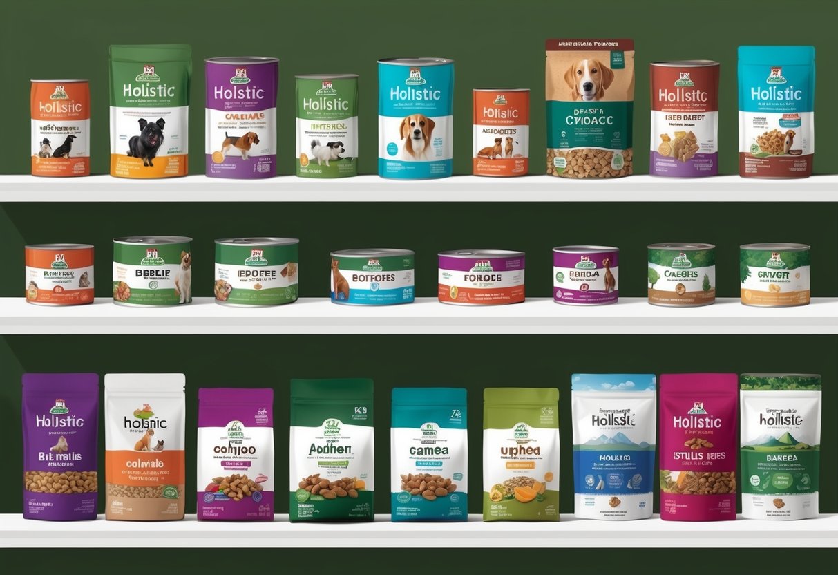 A variety of dog food brands displayed on shelves with a focus on holistic options