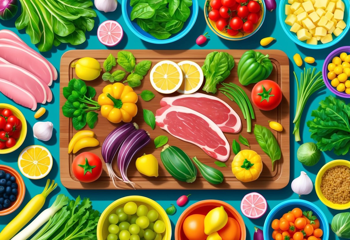 A variety of fresh vegetables, fruits, and meats spread out on a wooden cutting board, surrounded by colorful bowls and jars of different ingredients