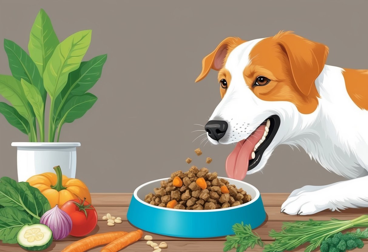 A happy dog eating from a bowl filled with wholesome, natural ingredients