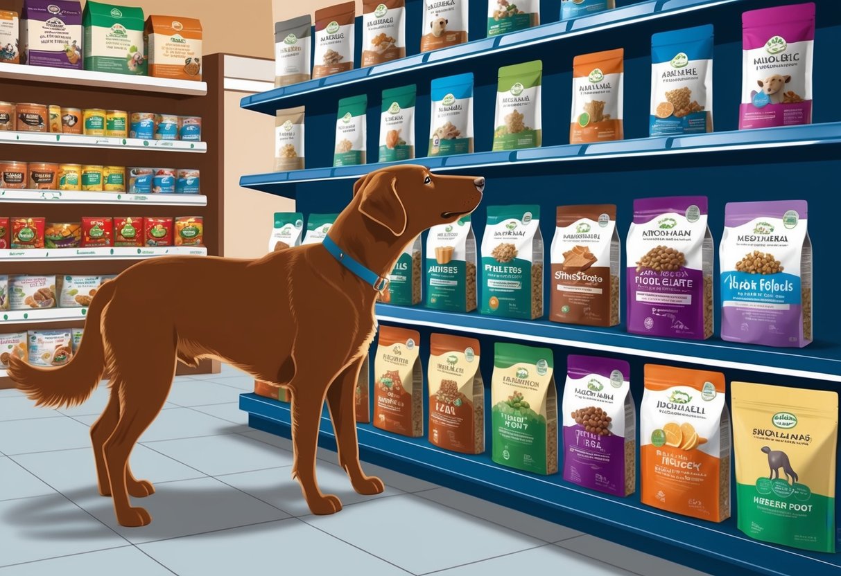 A dog sniffing and selecting from a variety of premium holistic dog food brands displayed on a shelf in a pet store