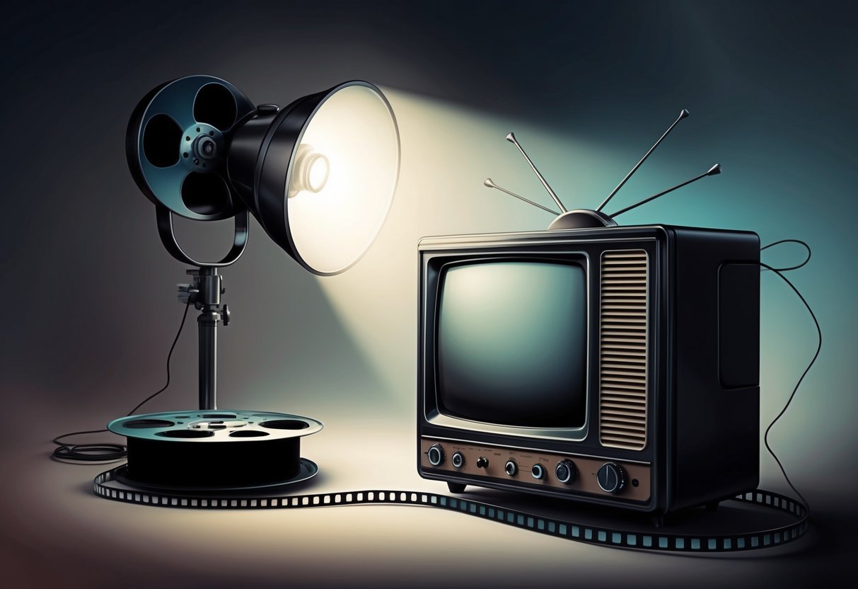 A spotlight shines on a vintage television set next to a film reel, surrounded by a somber atmosphere