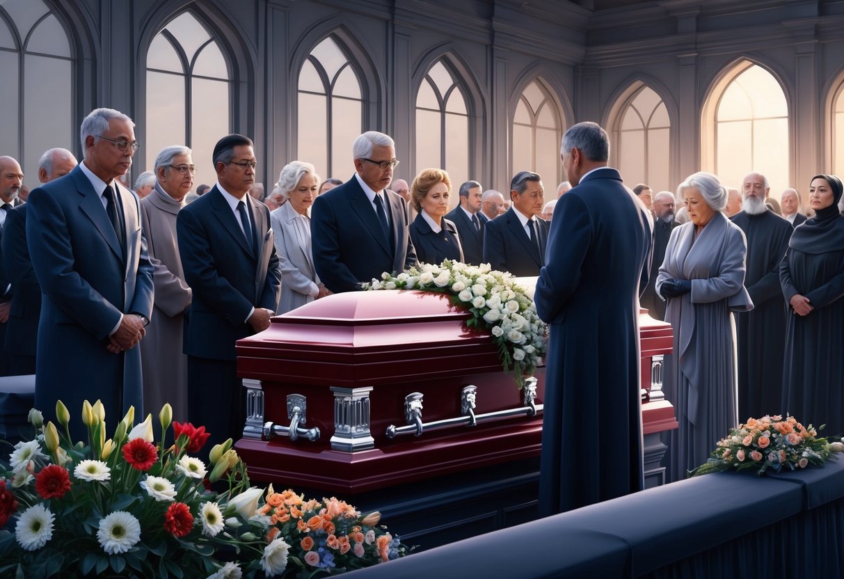 A somber funeral scene with flowers, a casket, and mourners paying their respects