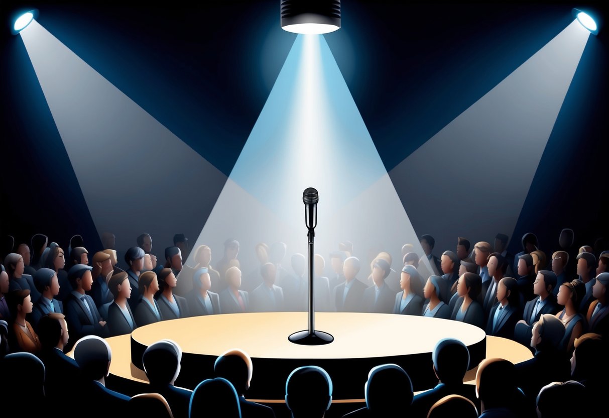 A stage with a spotlight shining on an empty microphone stand, surrounded by a hushed audience