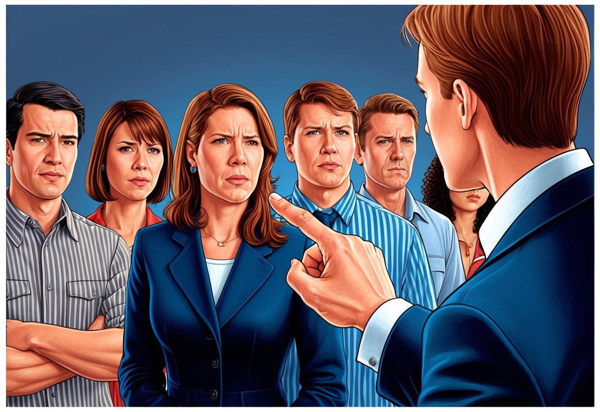 A person pointing a finger at a group of individuals with accusatory expressions on their faces