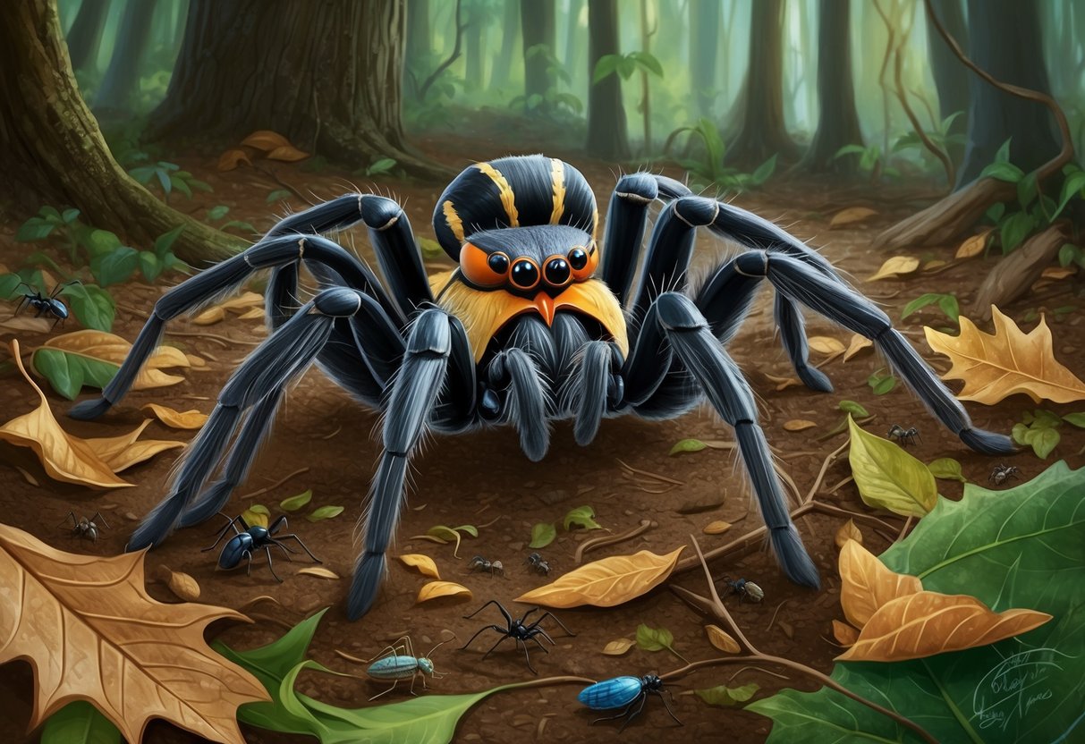 A Goliath birdeater spider, the largest in the world, resting on the forest floor, surrounded by fallen leaves and small insects