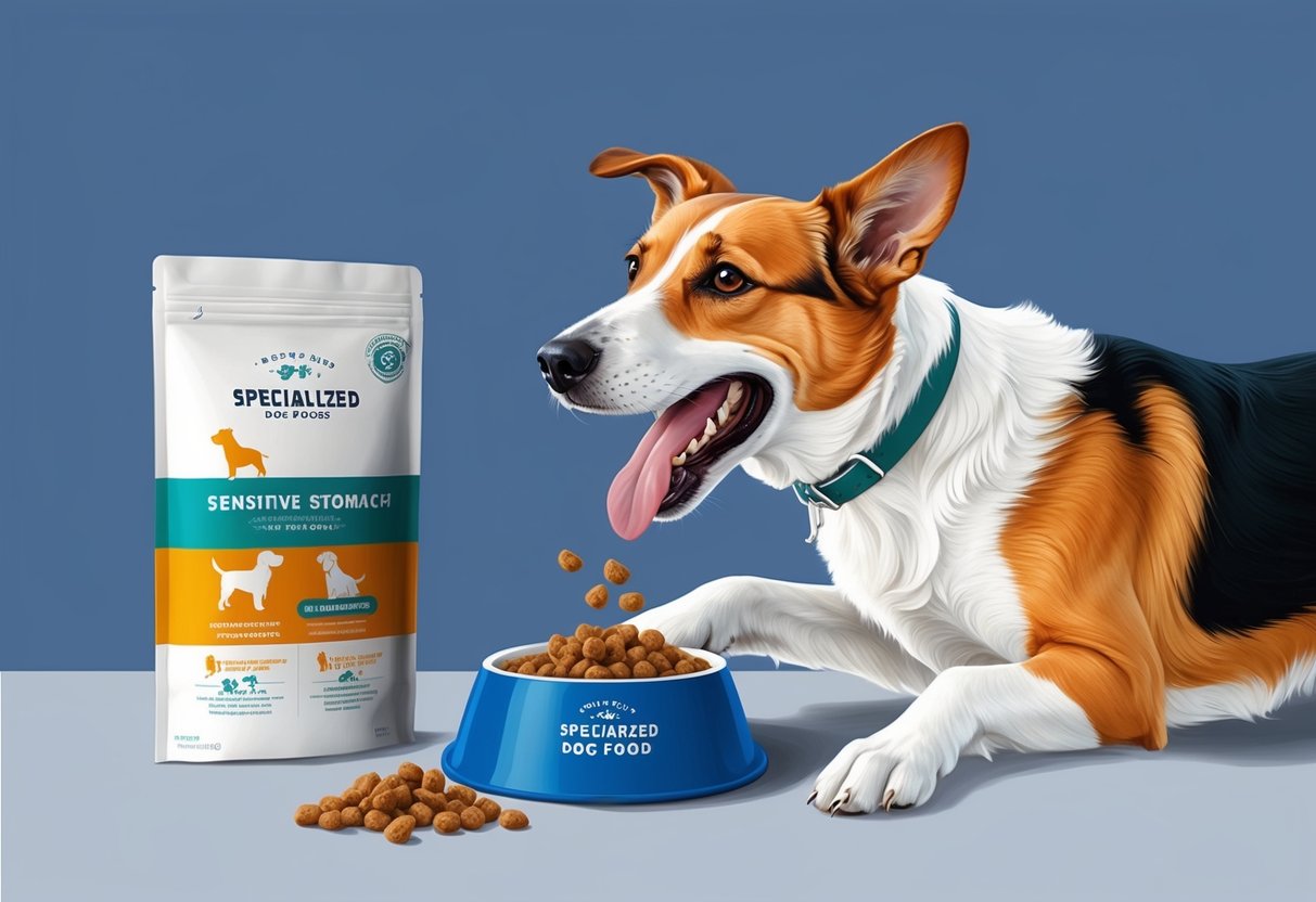 A happy dog with a wagging tail eagerly eating from a bowl of specialized dog food for sensitive stomachs, with no signs of discomfort or vomiting