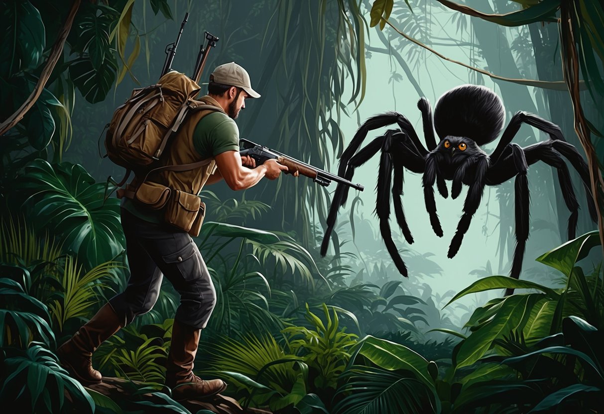 A hunter stalking through dense jungle, eyes fixed on a massive spider lurking in the shadows