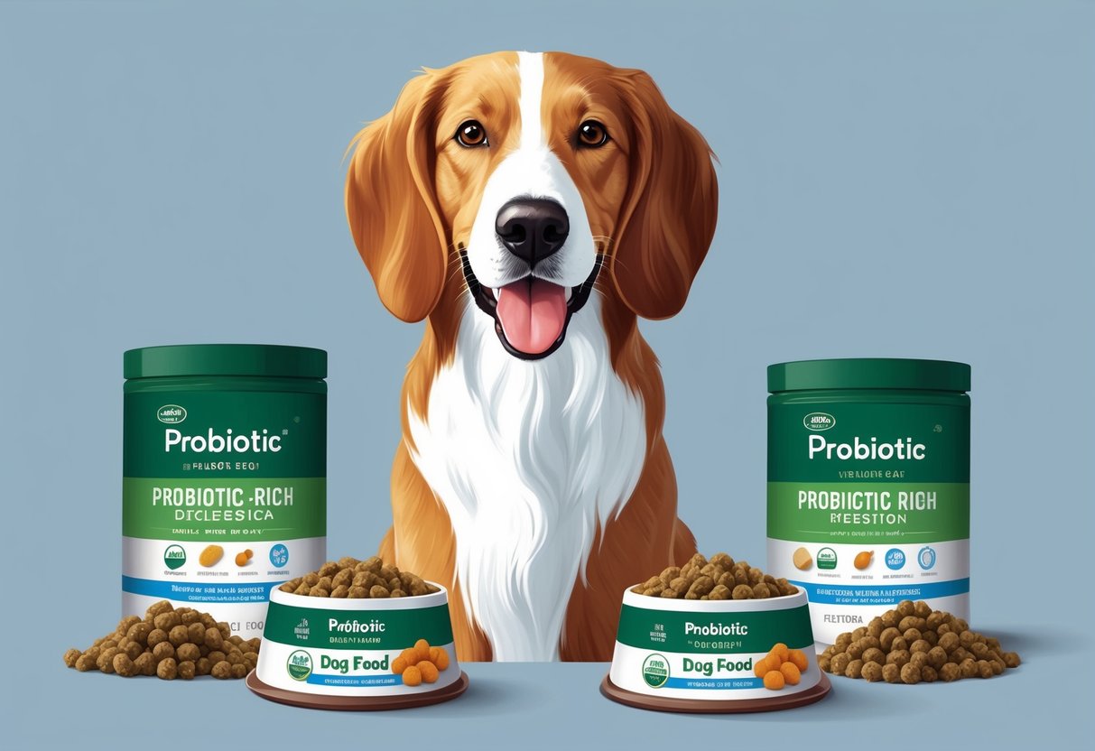 A happy dog with a shiny coat and healthy digestion, surrounded by bowls of probiotic-rich dog food