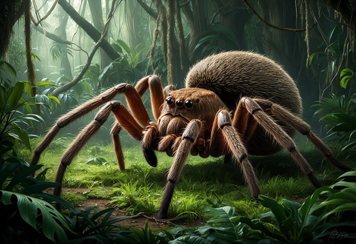 A giant spider crawls through a dense jungle, its hairy legs and enormous body dominating the scene