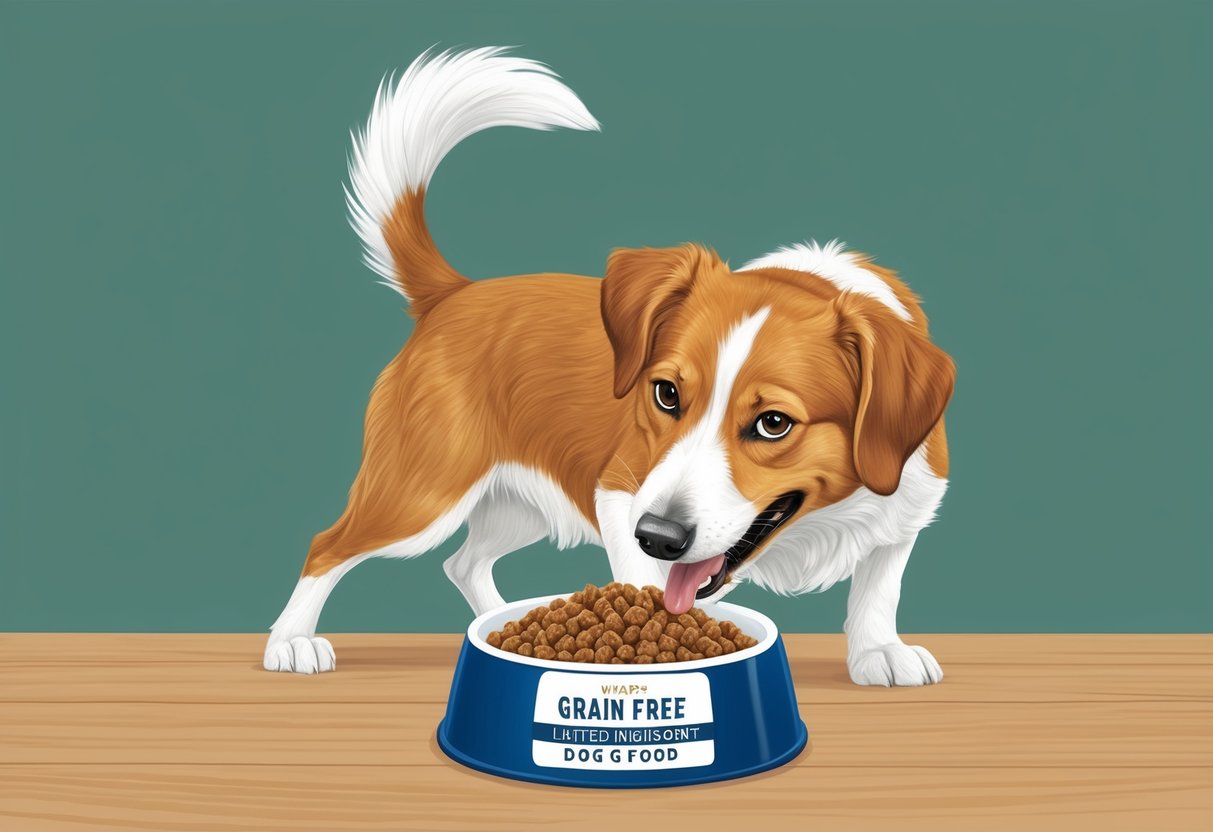 A dog eagerly eats from a bowl of grain-free, limited ingredient dog food.</p><p>Its tail wags happily as it enjoys the meal, with no signs of stomach discomfort or vomiting