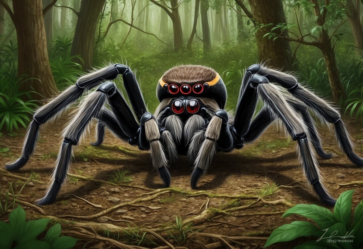 A giant Goliath birdeater spider rests on the forest floor, its hairy legs and massive body dominating the scene