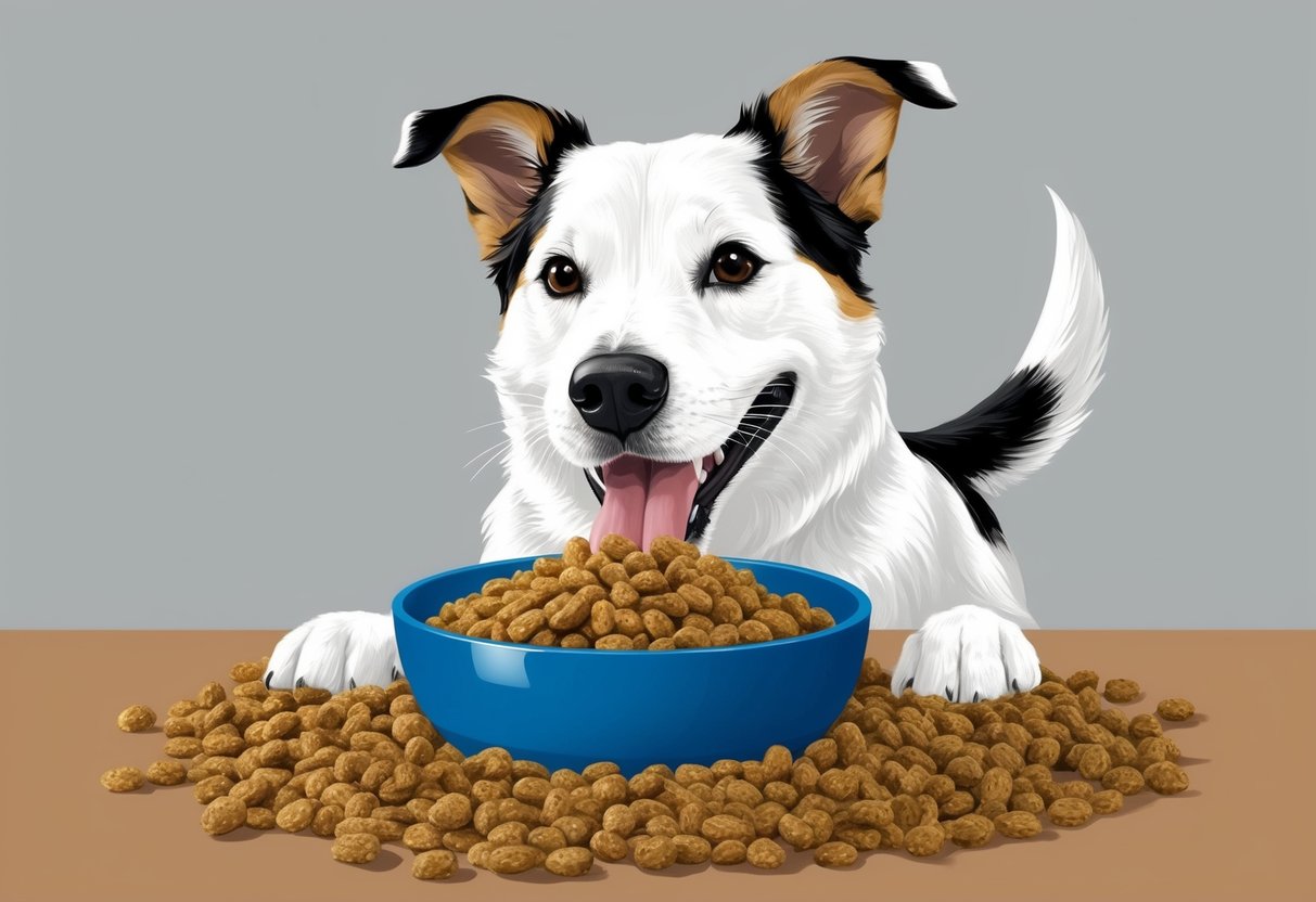 A happy dog with a wagging tail eagerly eating from a bowl of fiber-rich dog food, with a content expression on its face