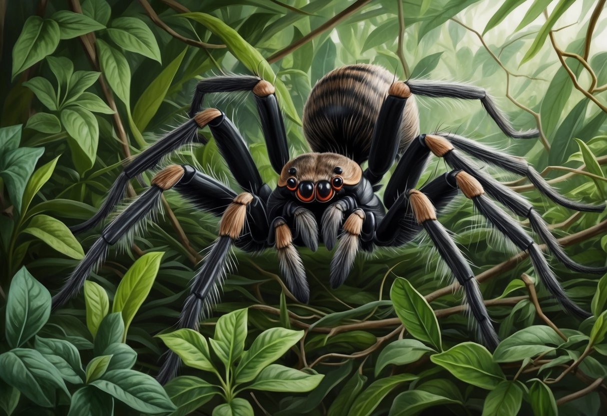 A massive spider, the Goliath birdeater, crawls among dense foliage, its menacing fangs and hairy legs visible